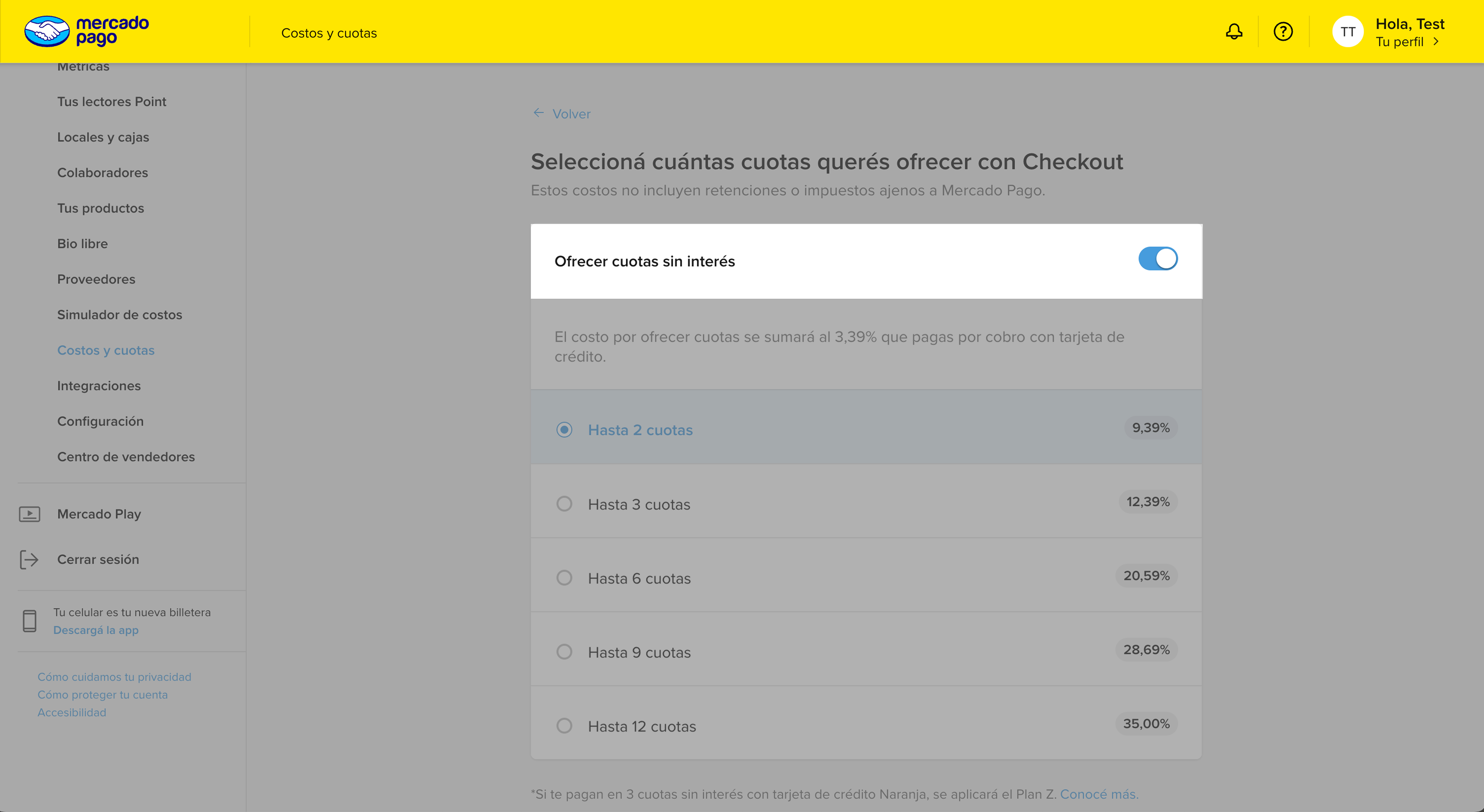 Pantalla Costos y cuotas